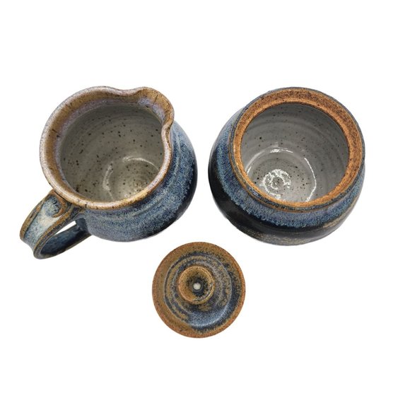 Hand Made Pottery Sugar with Lid and Creamer Set Blue Brown Rustic Clay Artisan - Picture 7 of 8